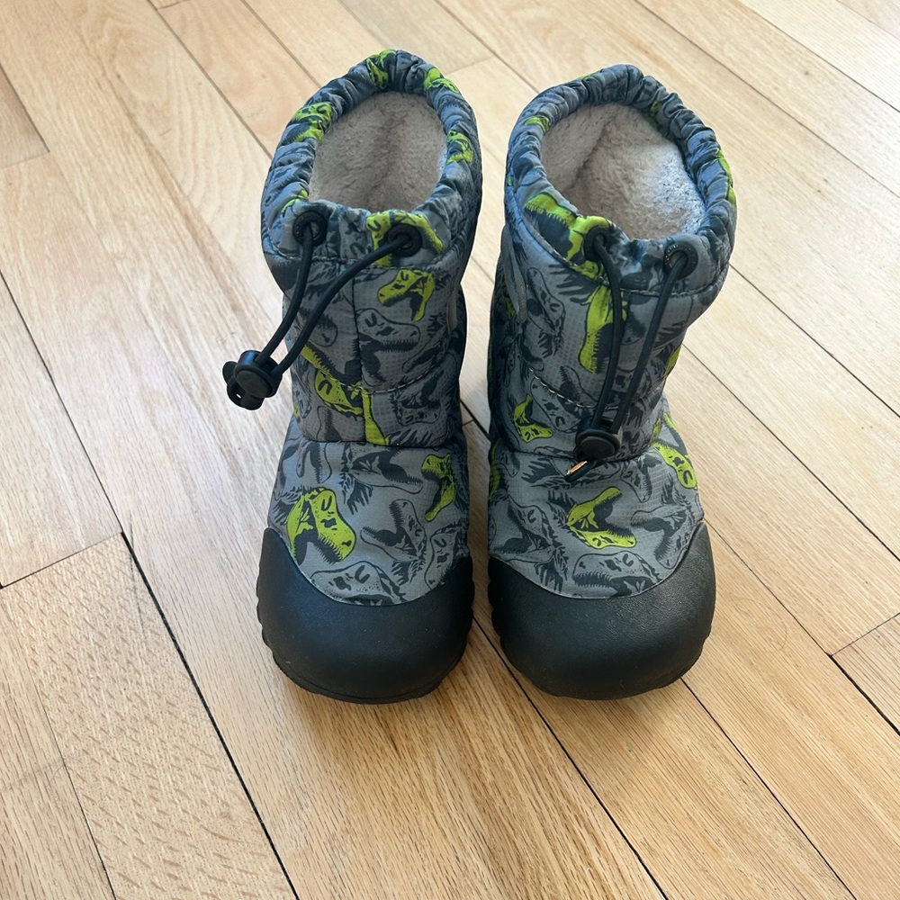 Bogs Gray and Green Dinosaur Print Kids Boots
